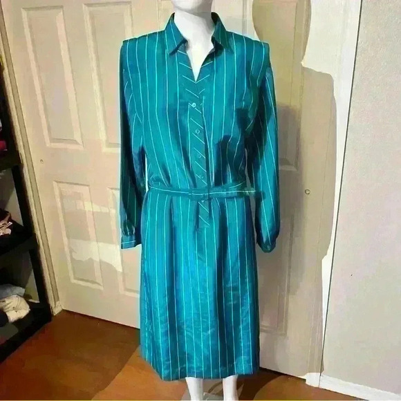 Schrader Sport Vintage Shirt Dress Womens 14 Belted Striped Midi Button Shift - Picture 1 of 16